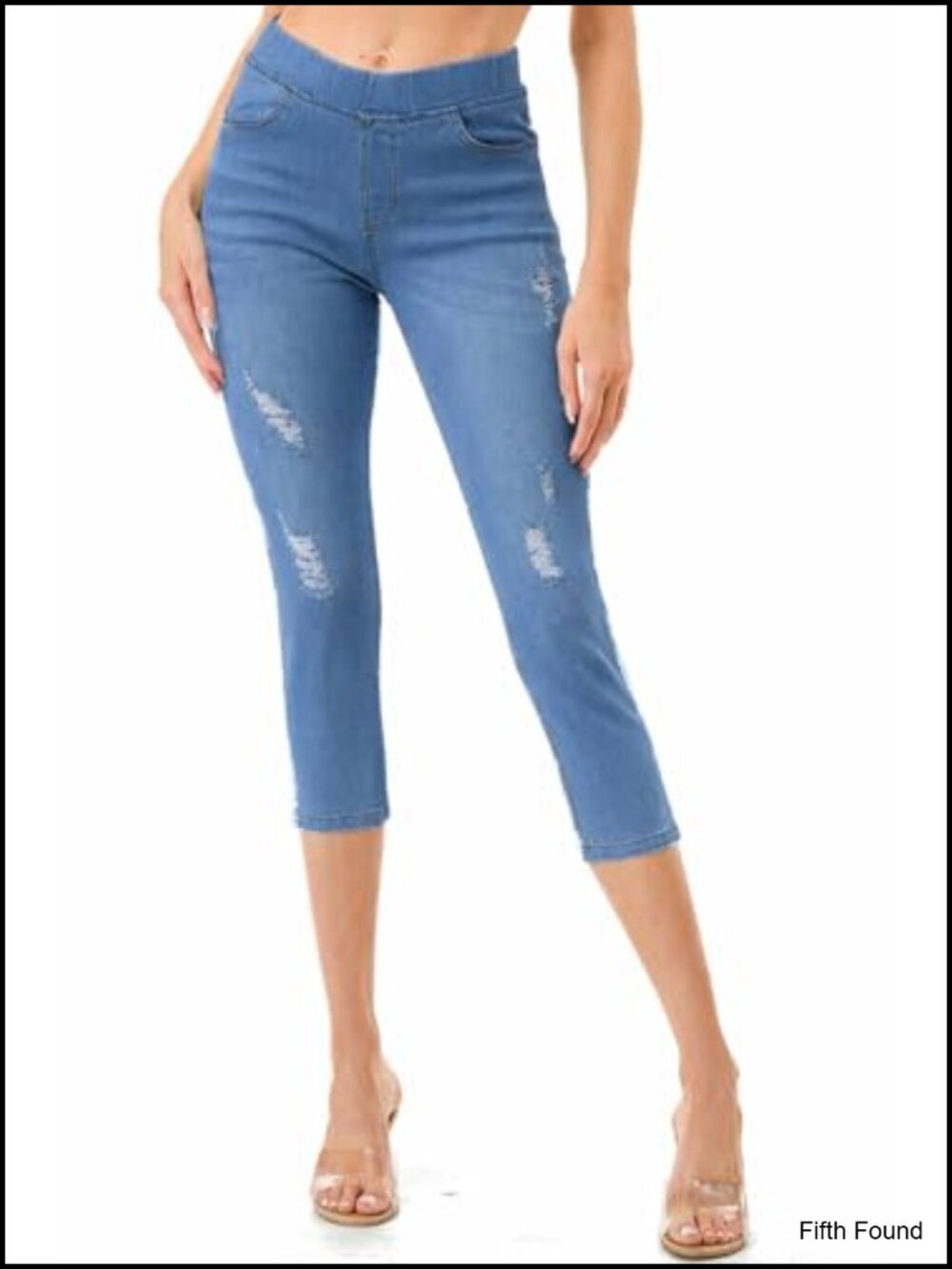 Stretchy Denim Jeans Pull-On Elastic Waist Slim Straight Full Length & Capri